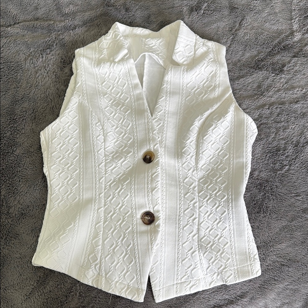 White Textured Button-Up Vest